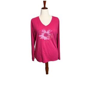 Life Is Good top long sleeve 100% cotton v neck pink t-shirt white daisy  Sz L